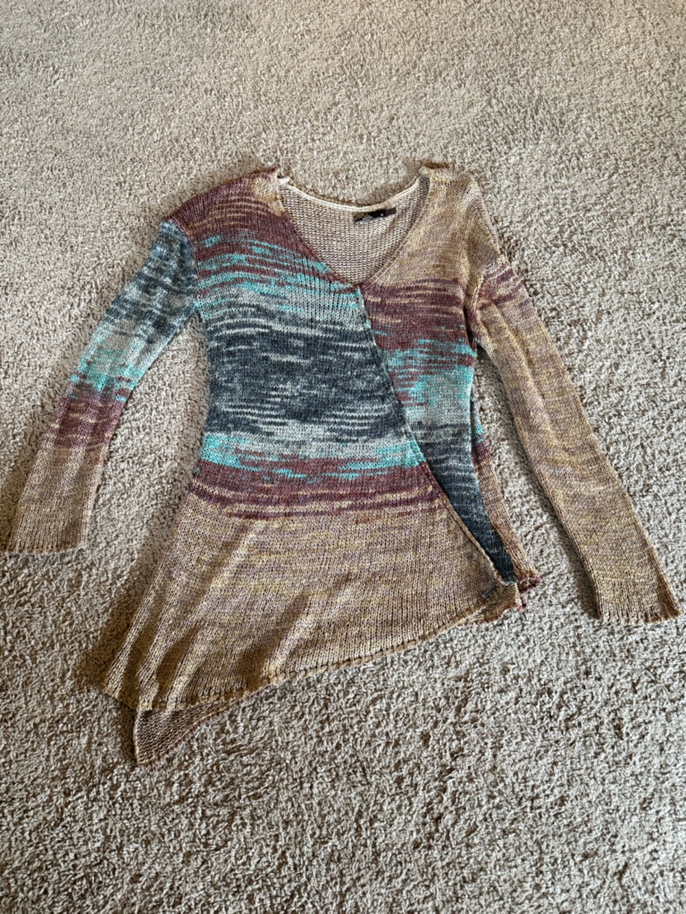 Prana Multicolor Striped V-Neck Knit Sweater (Tan, Teal, Gray, Maroon)